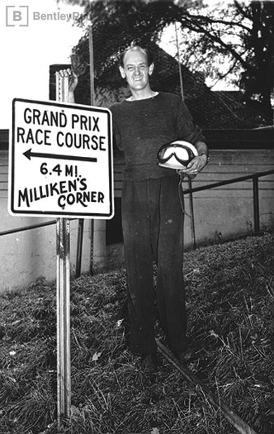 Bill Milliken earned eternal fame at Watkins Glen for his daring driving in Bugattis (Type 35,1948; Type 54, 1950), and a Miller four wheel drive (1949). Photo ca 1948.
Excerpted illustration from Equations of Motion (BentleyPublishers.com watermark not printed on actual product.)