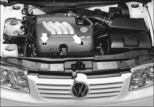 Engine cover removal
Excerpted illustration from Volkswagen Jetta, Golf, GTI Service Manual: 1999-2005 Section 15a Cylinder Head and Valvetrain (2.0L engine)
(BentleyPublishers.com watermark not printed on actual product.)