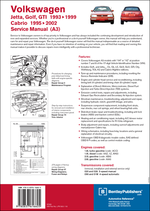 VG99 Volkswagen
Jetta, Golf, GTI: 1993-1999
Cabrio: 1995-2002 Service Manual
